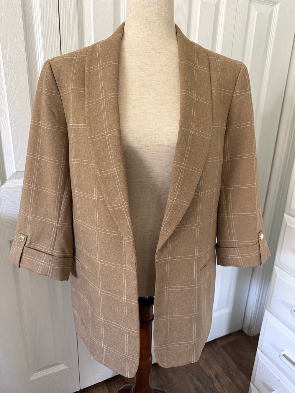 Anne Klein Tan Windowpane Open-Front Blazer 3/4 Length Sleeves Sz L